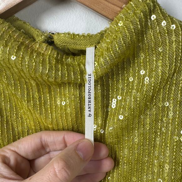 Anthropologie Top Women M Chartreuse Sequin Mock Neck Blouse Party Shell Tank - Picture 3 of 8